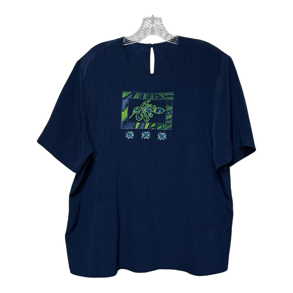 City Girl Nancy Bolen Navy Blue Embroidered Leaf Motif Short Sleeve‎ Top Size 18